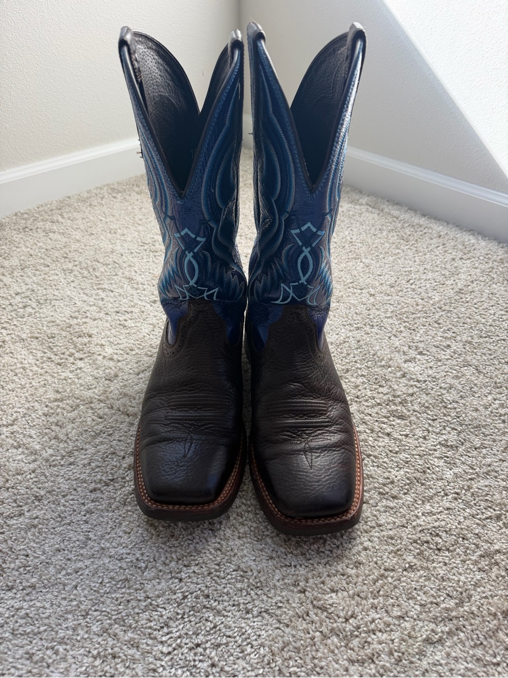 Ariat Brown Leather Cowboy Boots with Blue Embroidered Shaft